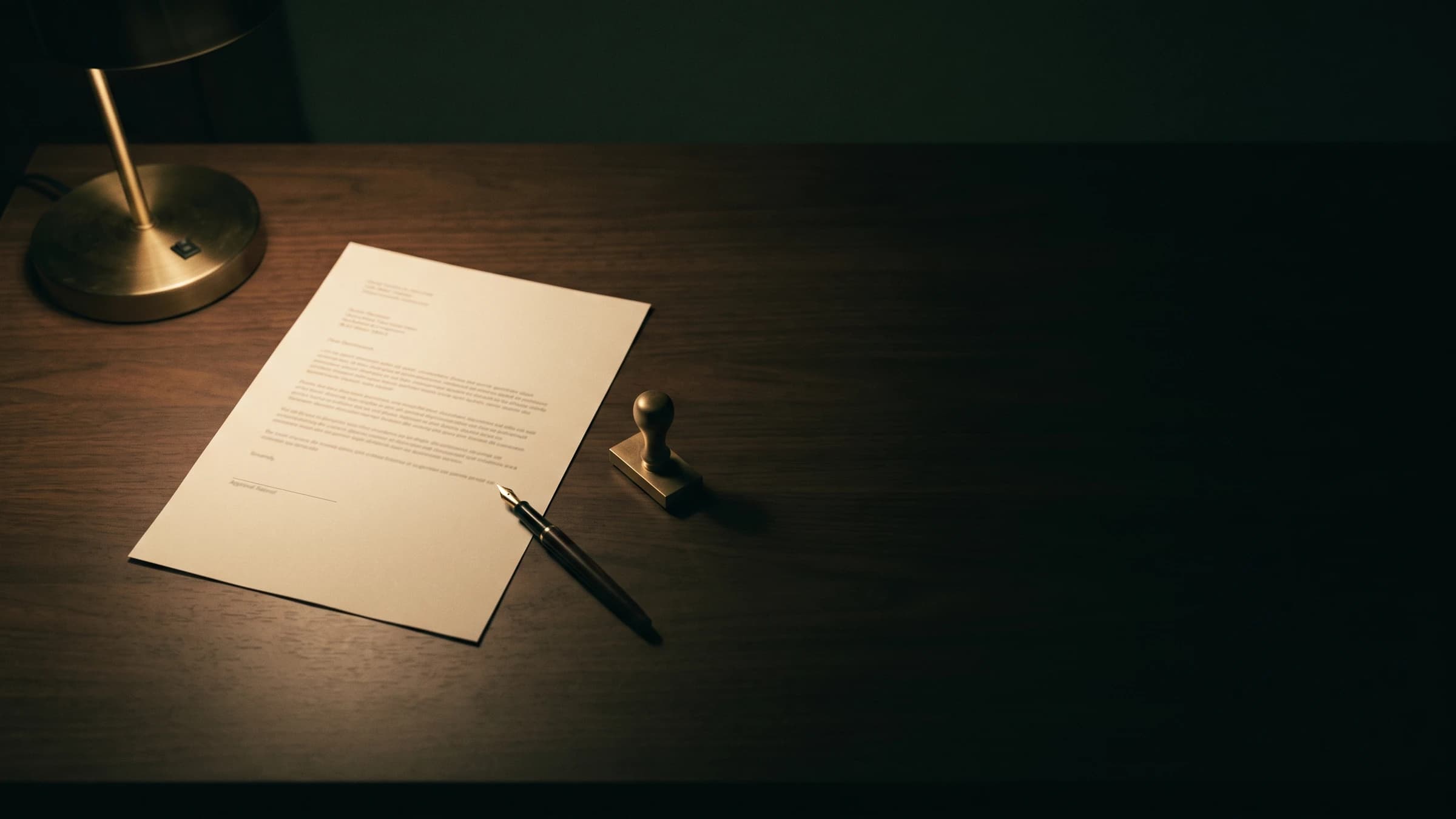 A decision document and pen on a desk under a lamp