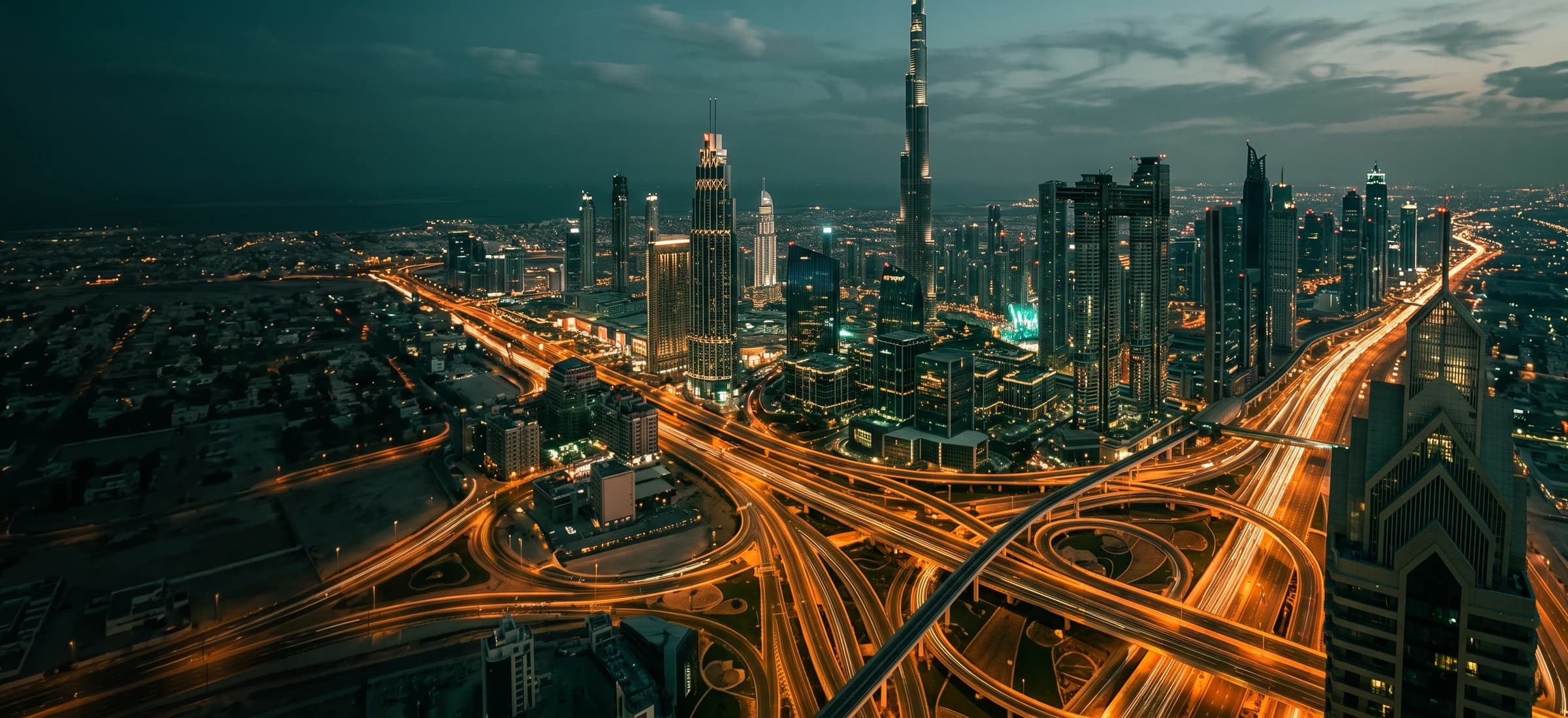 The Dubai road network at night from above