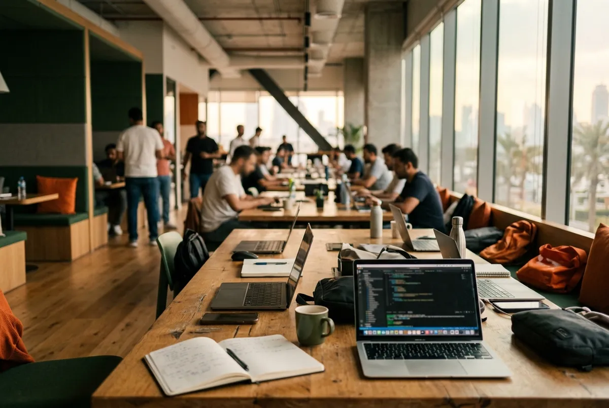 A long shared table of people working and learning together