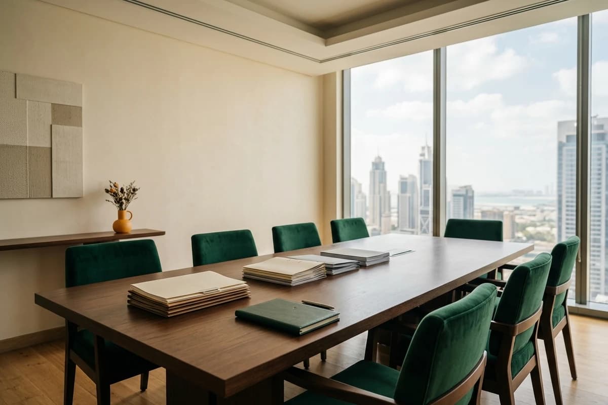 A strategy workshop table with notebooks and a view over Dubai