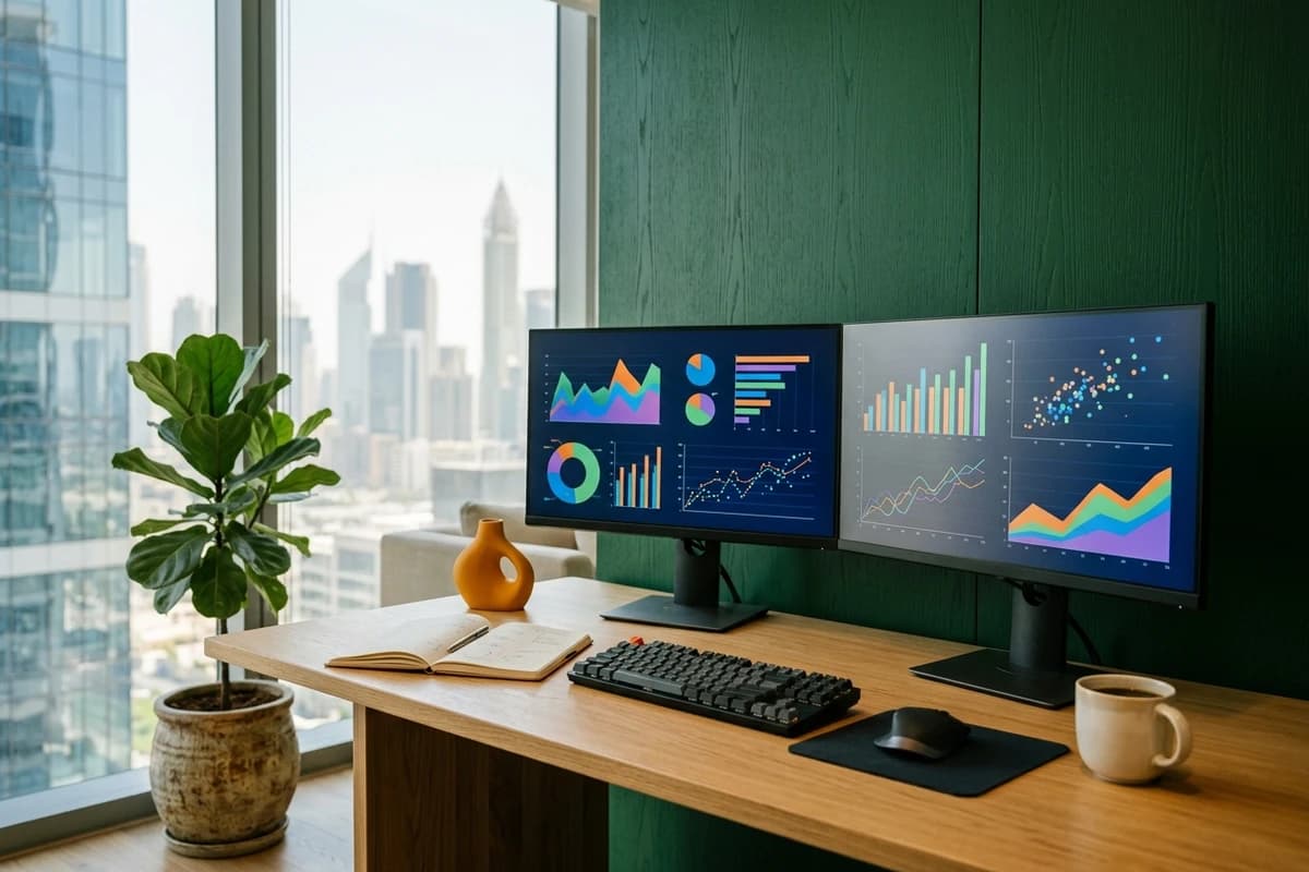 Dashboards on a desk above the Dubai skyline