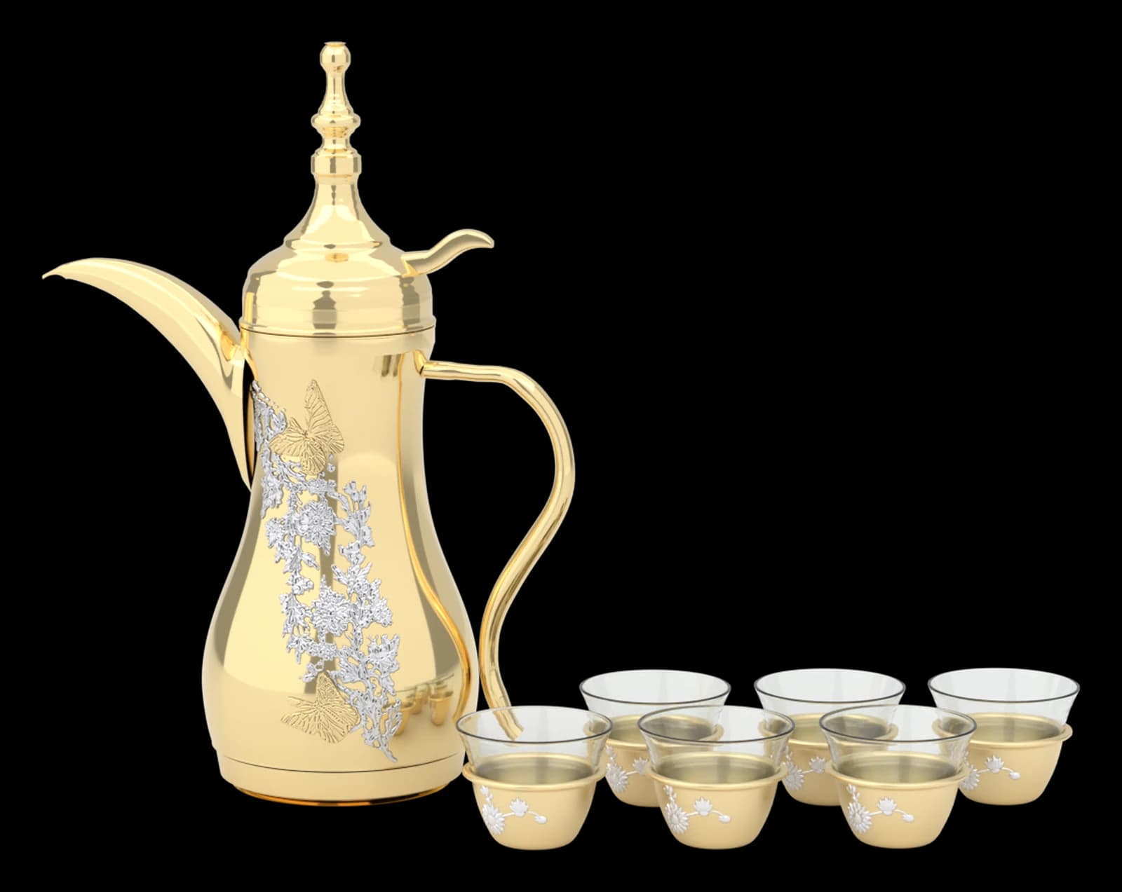 Arabic Coffee Set - Pantazelos Flow & Butterflies Dallah and Finjan, cut out on the Gulf Hospitality world colour