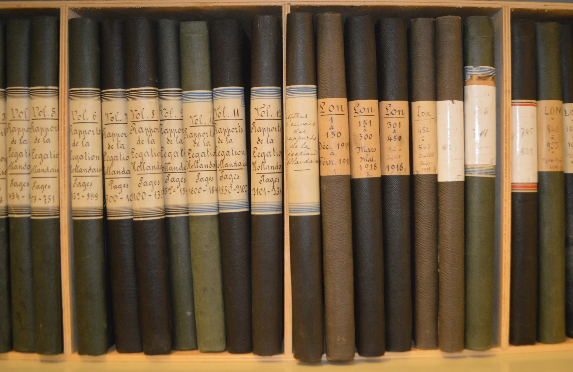 A shelf of old bound files standing side by side, each spine carrying a handwritten paper label.