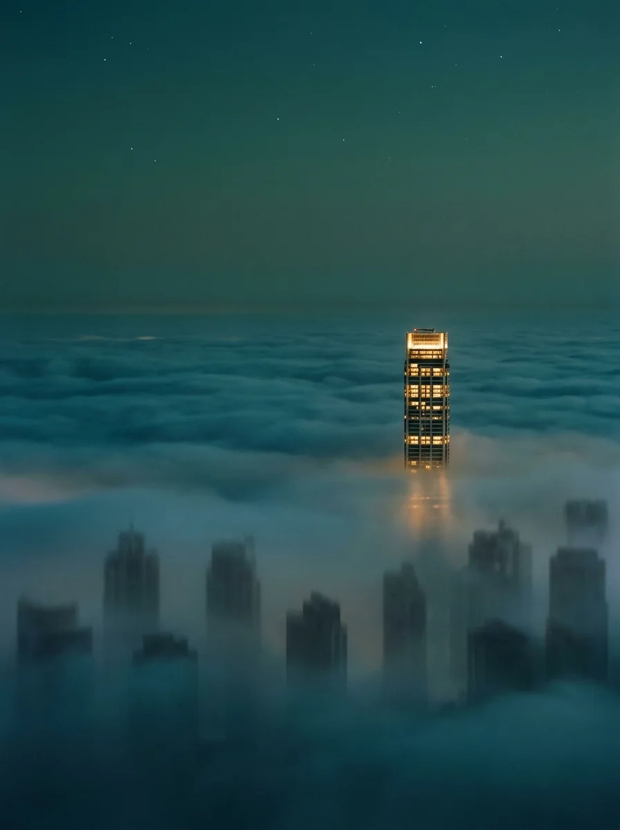 A city buried in fog at night. One tower stands clear above it, lit gold from top to bottom.