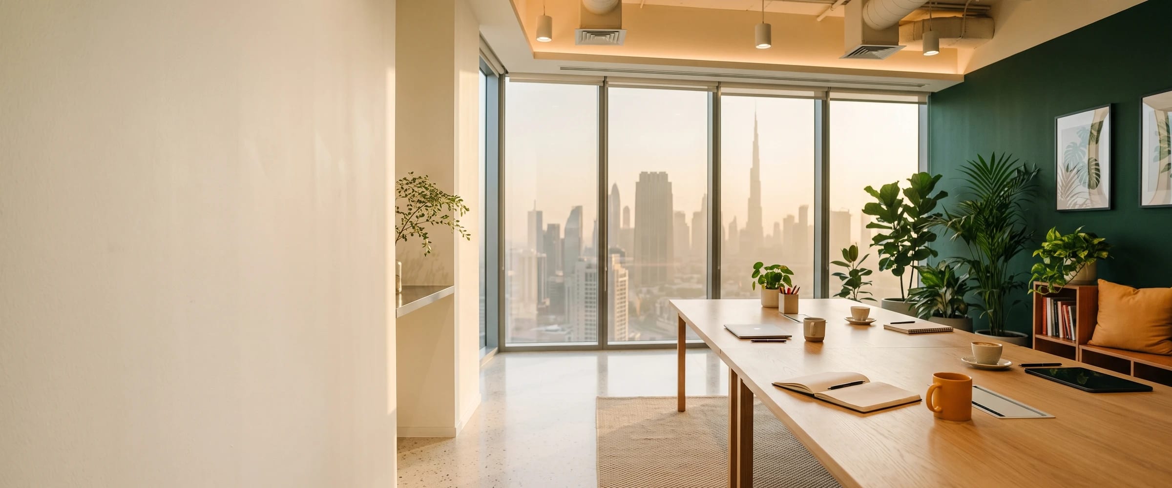 A long work table by the window, the Dubai skyline behind it