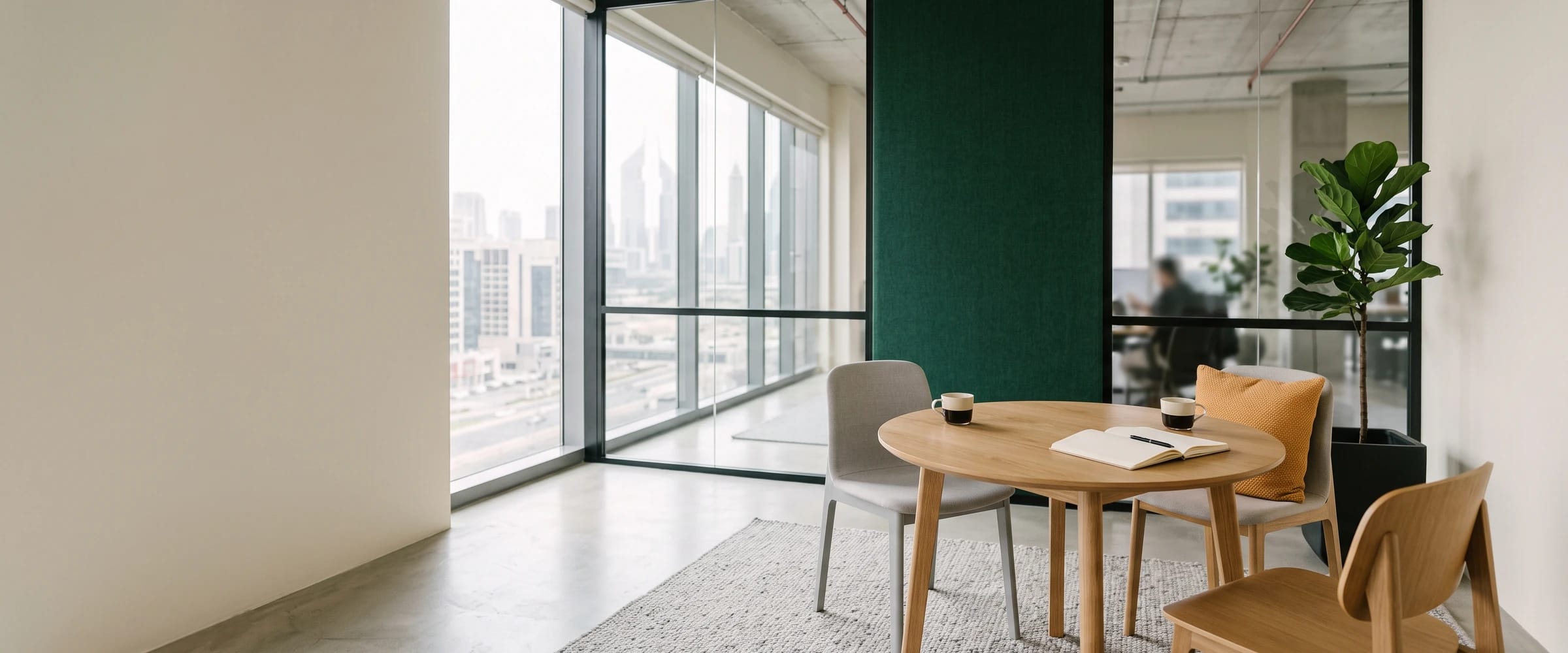 A meeting table by the window in the Dubai office