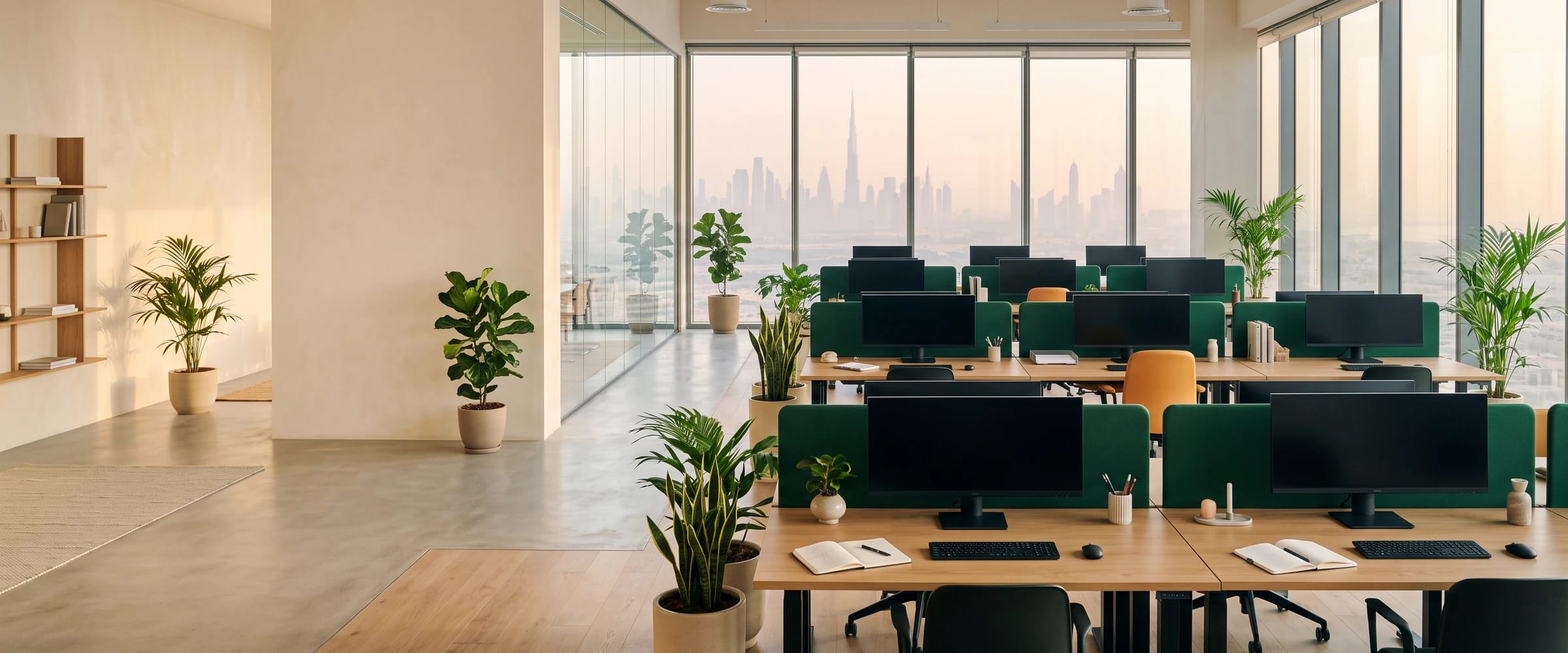 Desks by the window in the Dubai office