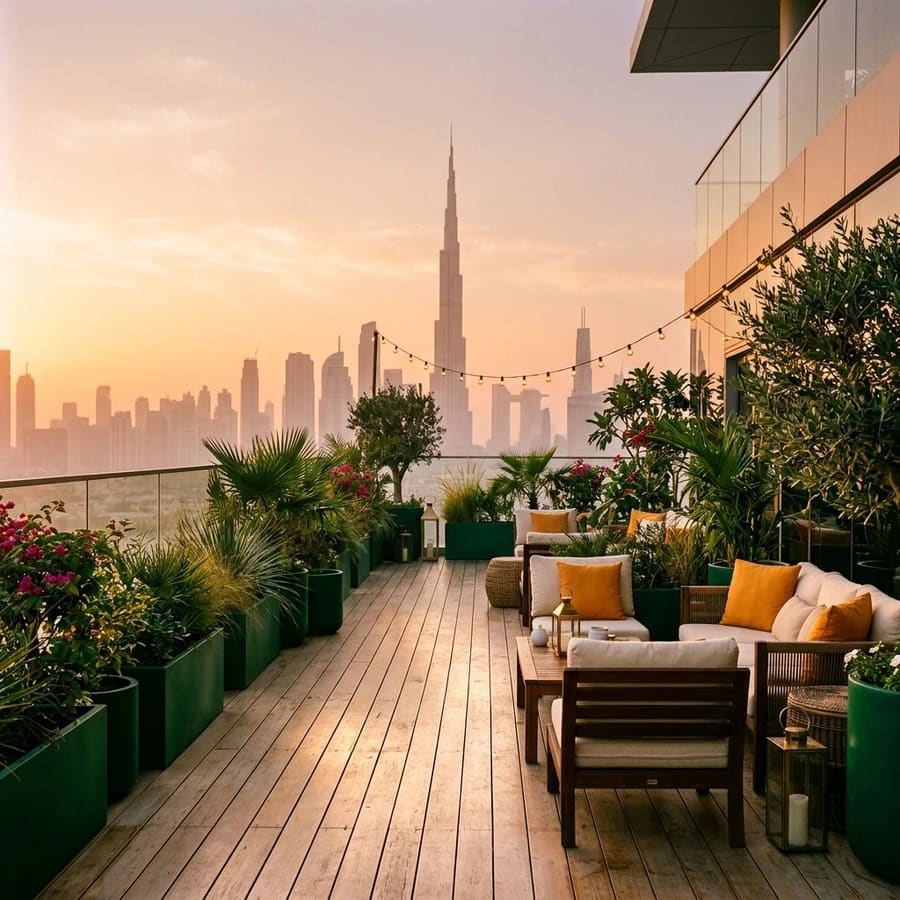 Terrace seating at sunset